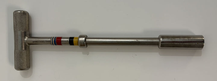 Orthopedic T-handle hex driver with cannulated shaft, designed for precision bolt extraction, metal construction, branded by PHENTERSALES for medical and industrial use.