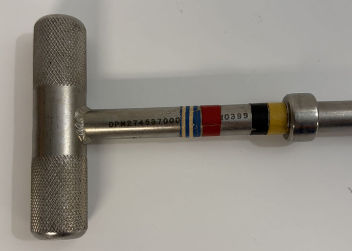 Close-up of a stainless steel T-handle hex driver with textured grip and colored bands on the shaft, used for medical or industrial applications by PHENTERSALES.