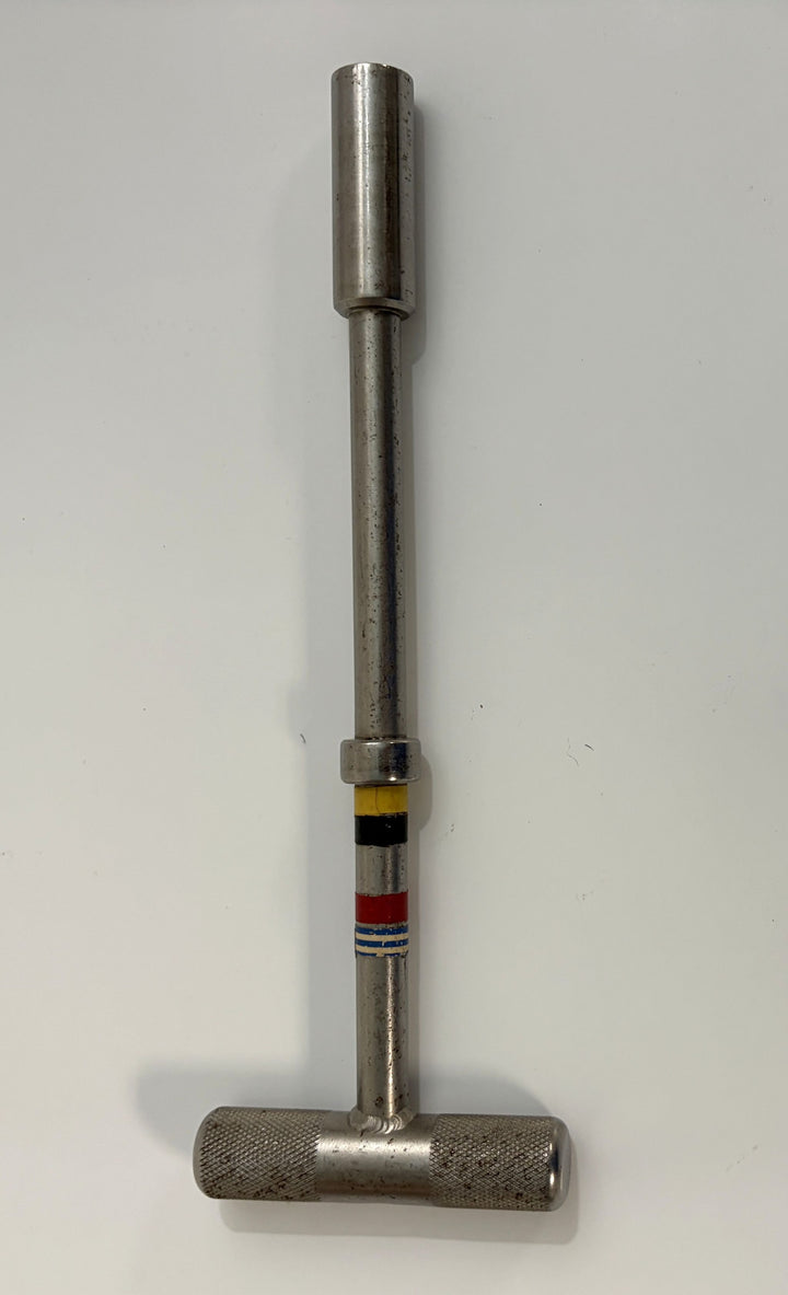 Metal T-handle hex driver with knurled grip and color-coded markings, designed for precision bolt extraction in orthopedic and industrial applications by PHENTERSALES.