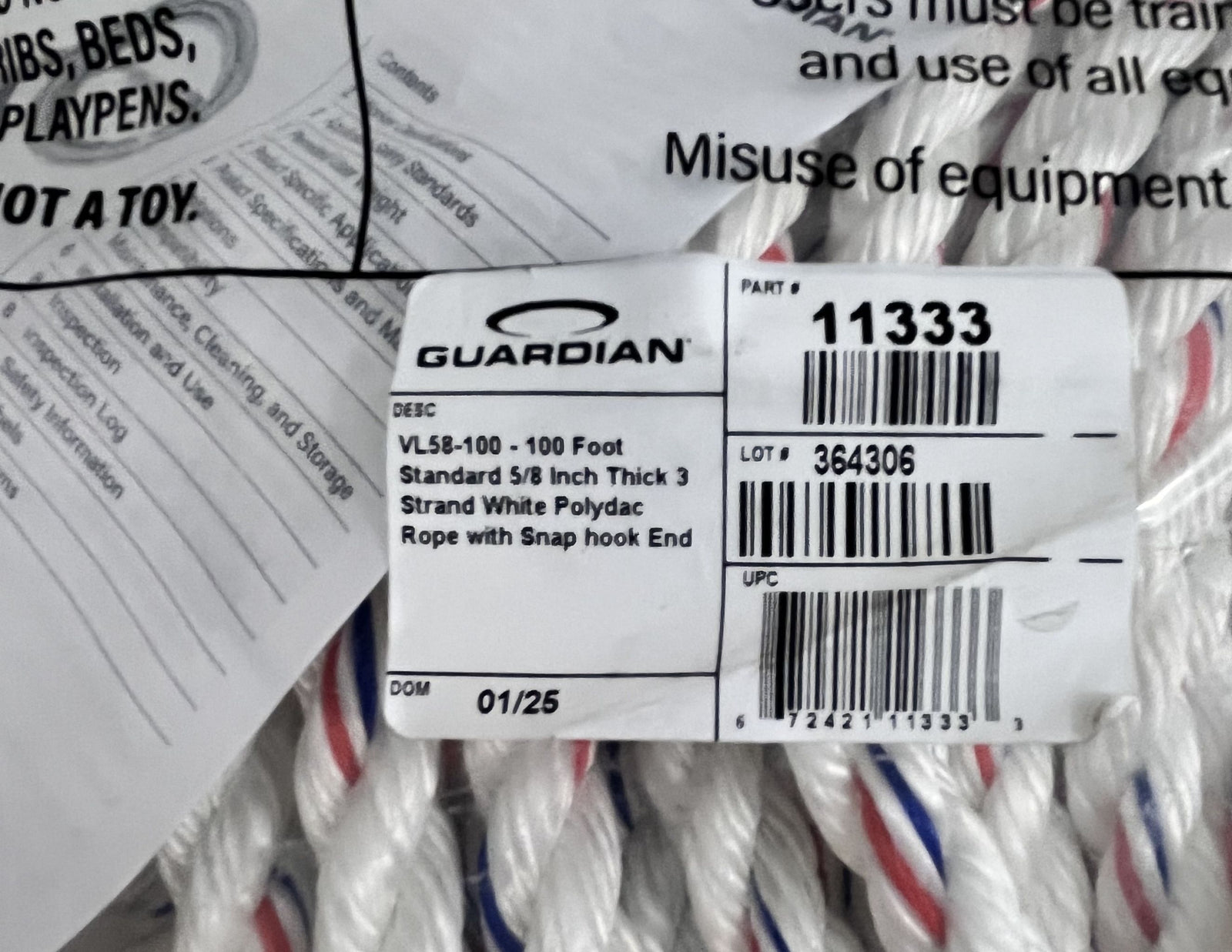 Guardian 11333 VL58-100 100 Ft. Standard 5/8 Inch Thick 3 Strand Rope