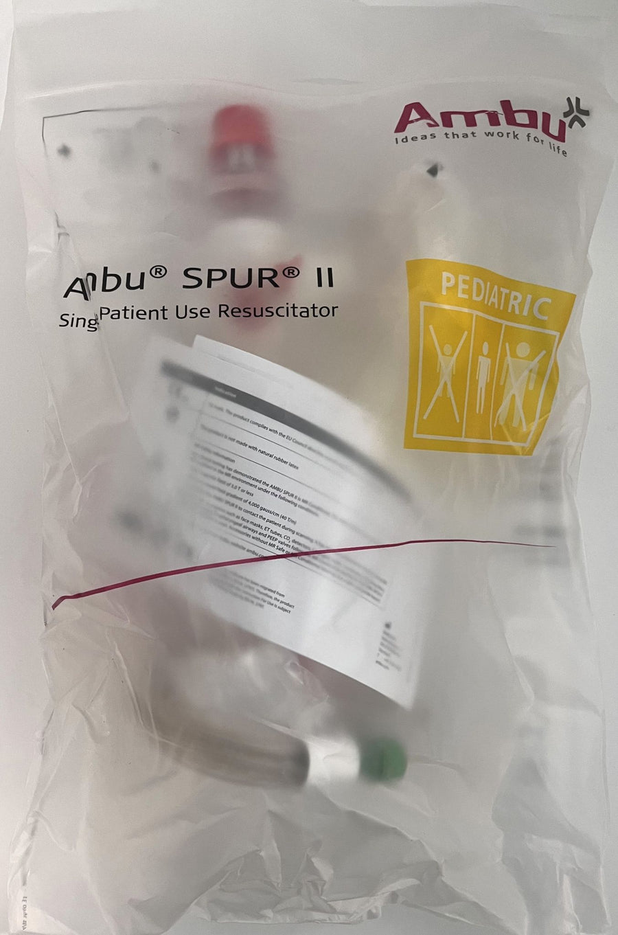 Ambu 530613001 SPUR II Pediatric Resuscitator with mask, oxygen port, and single-use design.