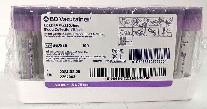 BD Vacutainer 367856 K2 EDTA (K2E) 5.4mg Blood Collection Tubes (100 Pack)