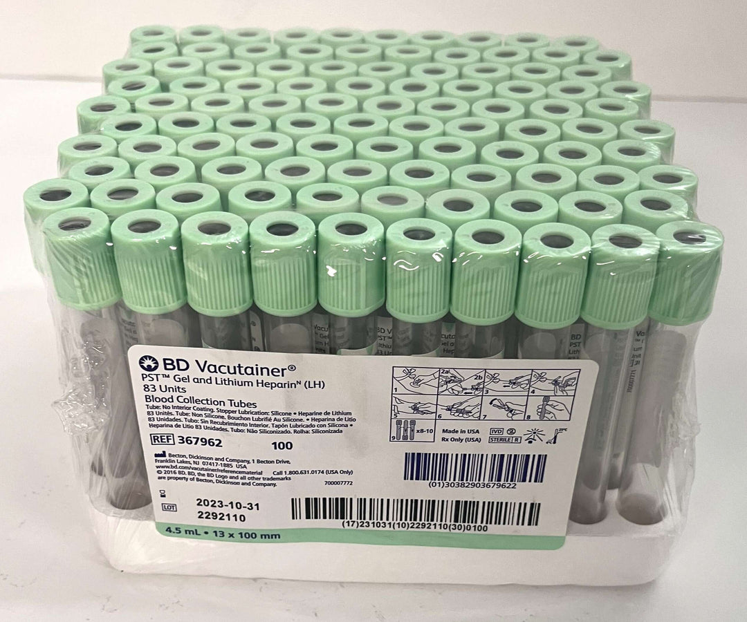 BD Vacutainer 367962 PST Gel and Lithium Heparin (LH) 83 Units Blood Collection Tubes (100 Pack), EXP; 10/2023
