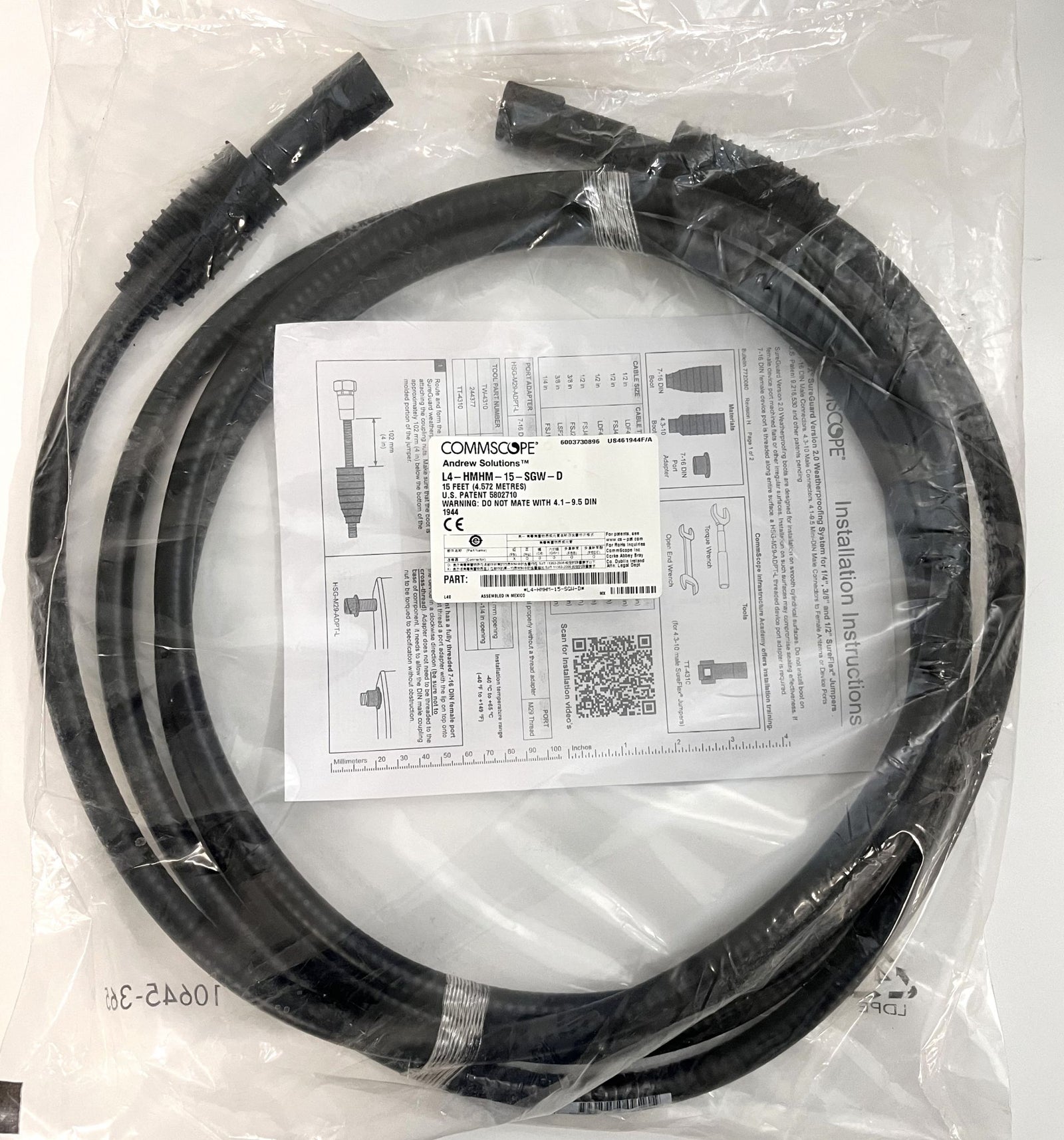 Commscope Andrew L4-HMHM-15-SGW-D 15 ft low-loss coaxial cable with 4.3-10 male connectors.