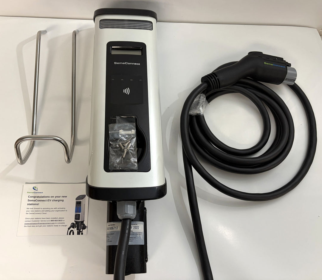 SemaConnect branded commercial-grade Level 2 electric vehicle charger with attached cable, metal mounting bracket, screws, and instruction card on a white surface.
