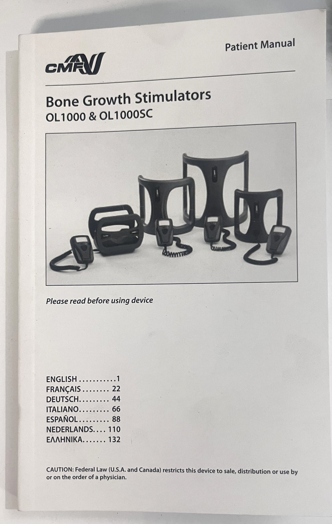 CMF OL1000 Bone Growth Stimulator with case and book, a non-invasive device for bone healing therapy.