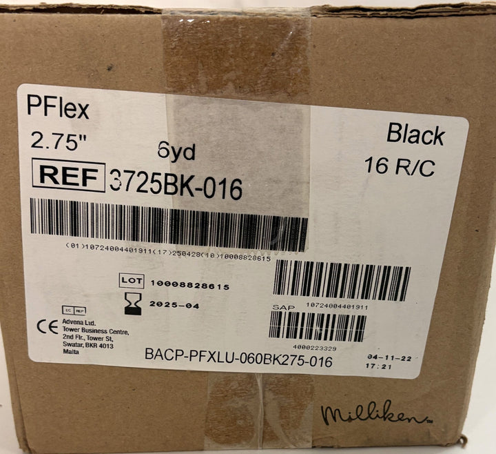 Brown cardboard box with a label indicating Milliken PowerFlex sports wrap in black, featuring product reference and barcode details for wholesale inventory.