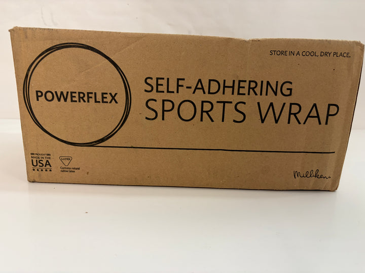 Brown cardboard box labeled PowerFlex self-adhering sports wrap by Milliken, displaying simple black text and storage instructions on a plain surface.