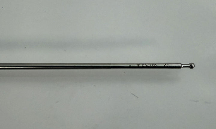 Close-up of a slender stainless steel laparoscopic forceps insert with a smooth, rounded wave-jaw tip, designed by Aesculap for minimally invasive surgical procedures.