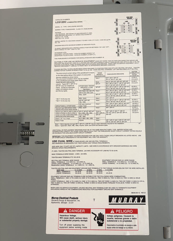 Murray LC012DC Panelboard Cover 125A 120/240V | New, Open Box