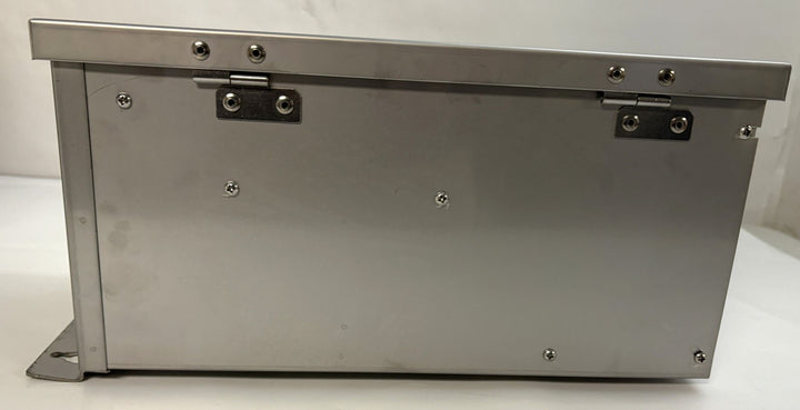 Stainless steel landscape transformer box with a hinged lid and mounting brackets, showcasing a durable industrial design by Dauer.