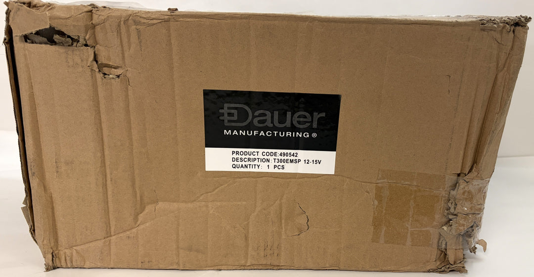Worn brown cardboard shipping box with a black and white Dauer label showing product details for a landscape transformer model 490542.