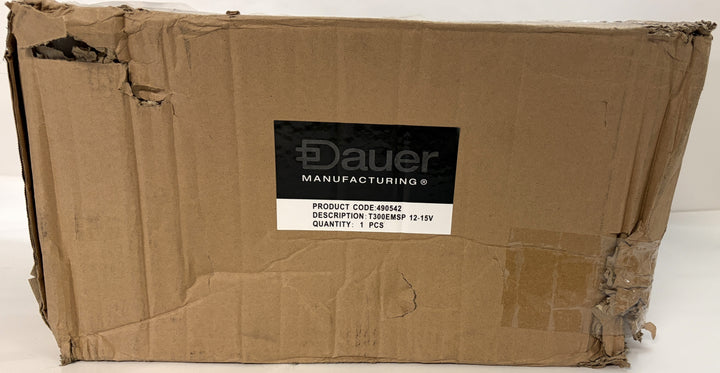 Worn brown cardboard shipping box with a black and white Dauer label showing product details for a landscape transformer model 490542.