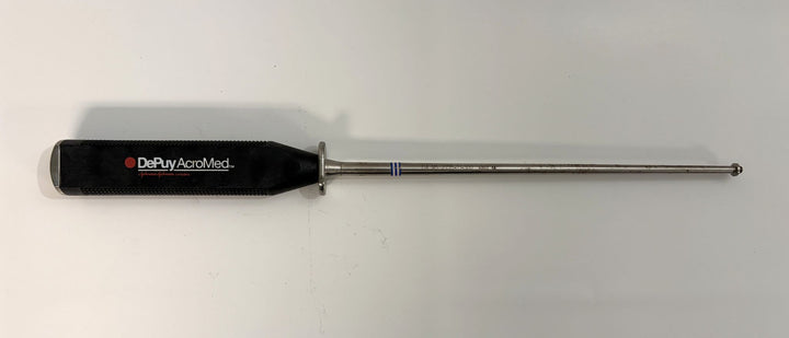Surgical instrument with black handle branded by Depuy AcroMed and a long slender metal shaft designed for precise spinal insertion during medical procedures.