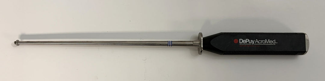Medical surgical instrument with a long metal rod and black handle, labeled with Depuy AcroMed, designed for spinal procedures in a clinical setting.