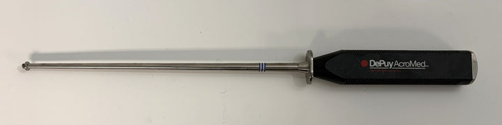 Medical surgical instrument with a long metal rod and black handle, labeled with Depuy AcroMed, designed for spinal procedures in a clinical setting.