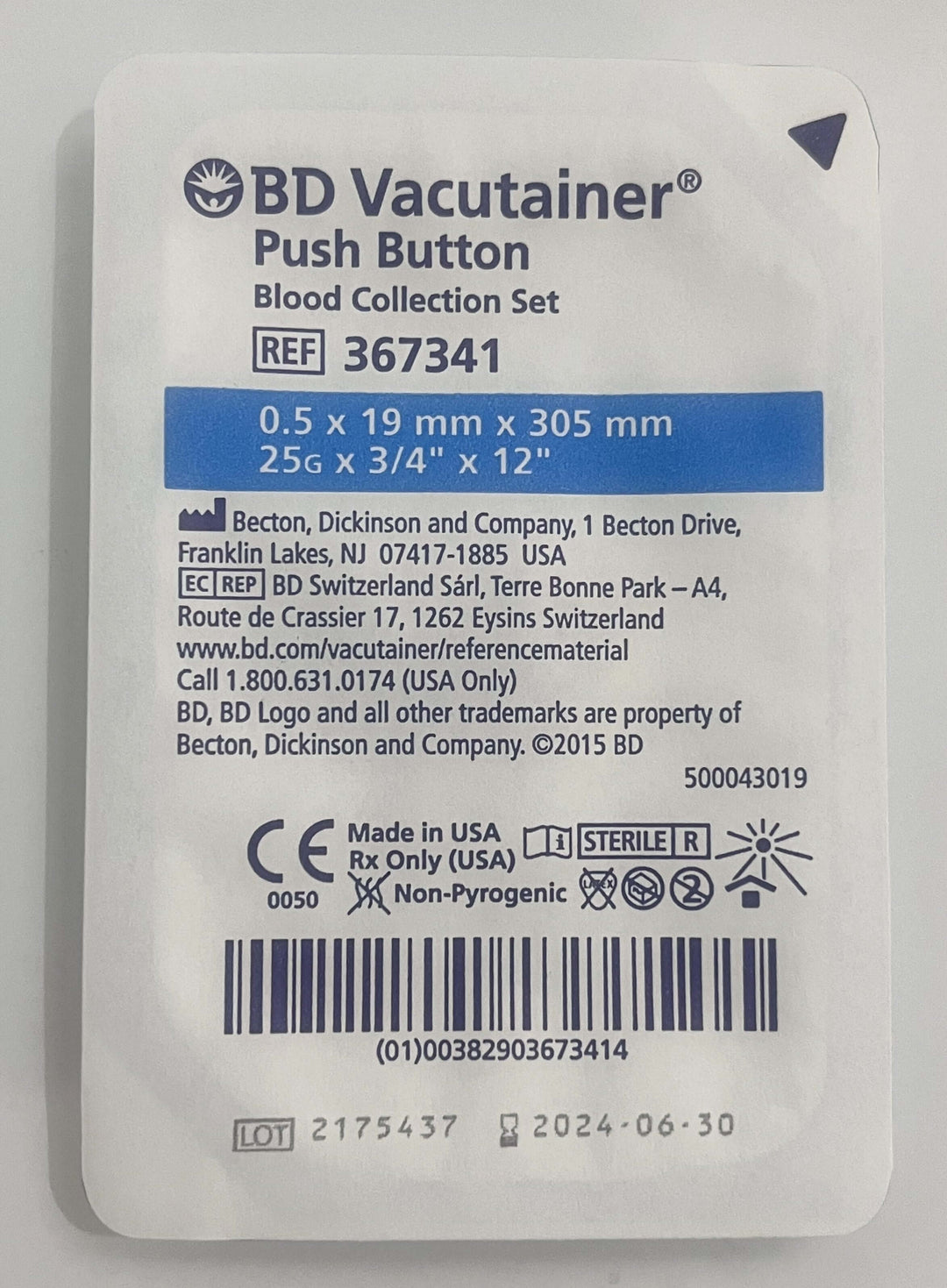 BD 367341 Vacutainer Push Button Blood Collection Set 25G x 3/4" x 12" (50/Box)