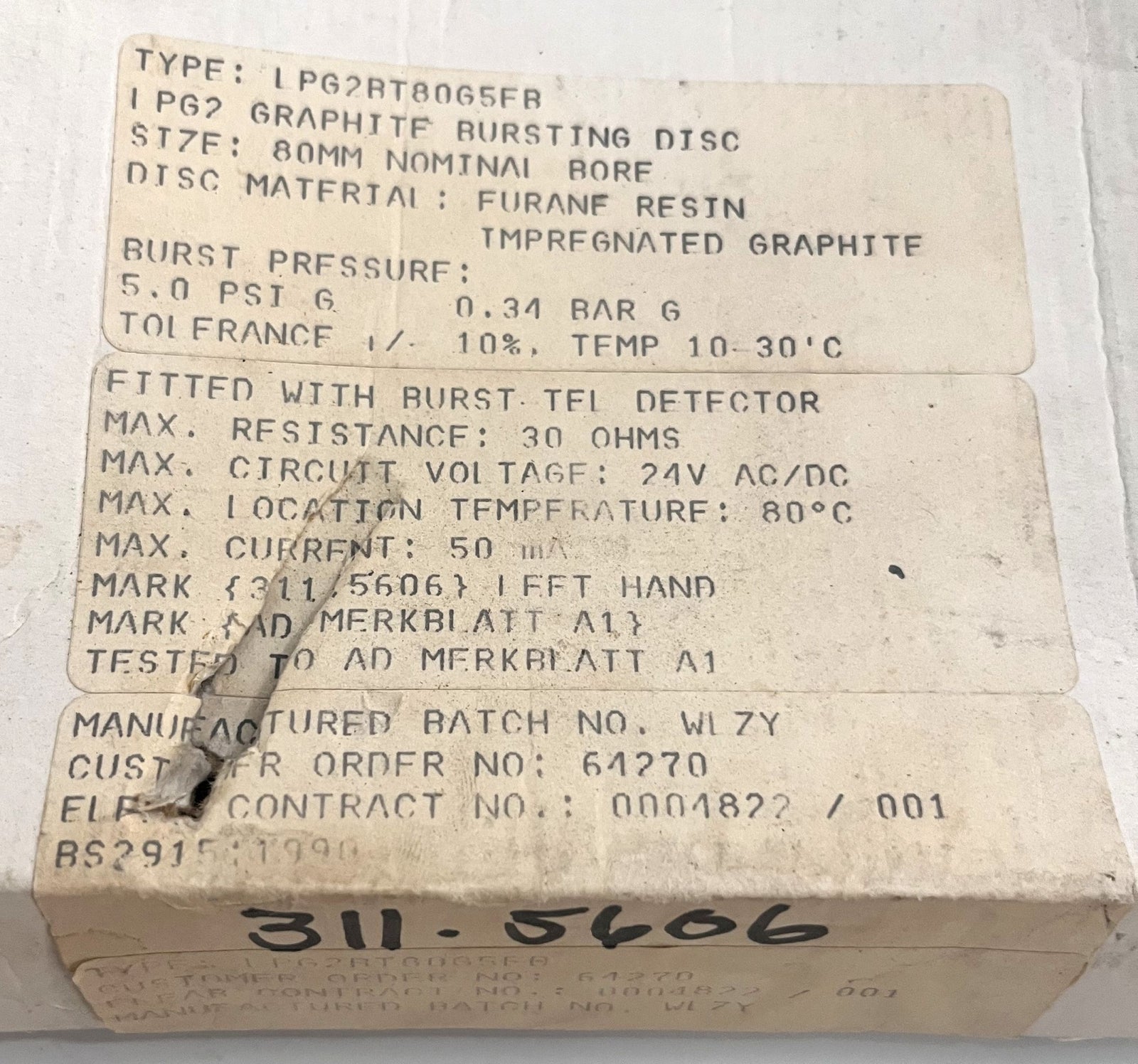 Elfab LPG2BT80G5FB Graphite Burst Disc (80mm) with 5.0 PSI burst pressure, in rough box, free shipping.