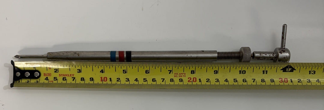 Depuy AcroMed spinal pedicle screw depth gauge instrument with 30-60mm calibrated stainless steel scale and adjustable screw mechanism for precise surgical measurement.