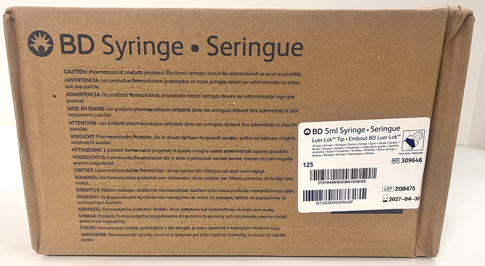 BD 309646 5ml Luer Lok Tip Syringe Sterile, Single Use (125-Pack)