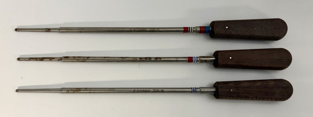 Set of three DePuy AcroMed spinal pedicle probe instruments with metal shafts and dark wooden handles, designed for precision use in medical and surgical procedures.