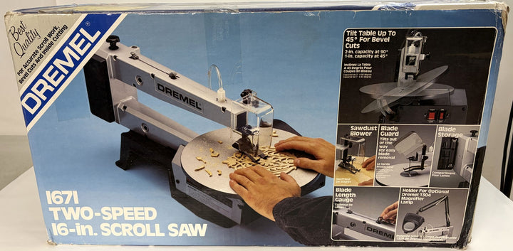 Dremel scroll saw with two-speed control and 16-inch cutting capacity, shown in use with hands guiding wood pieces, featuring blade guard and dust blower attachments.