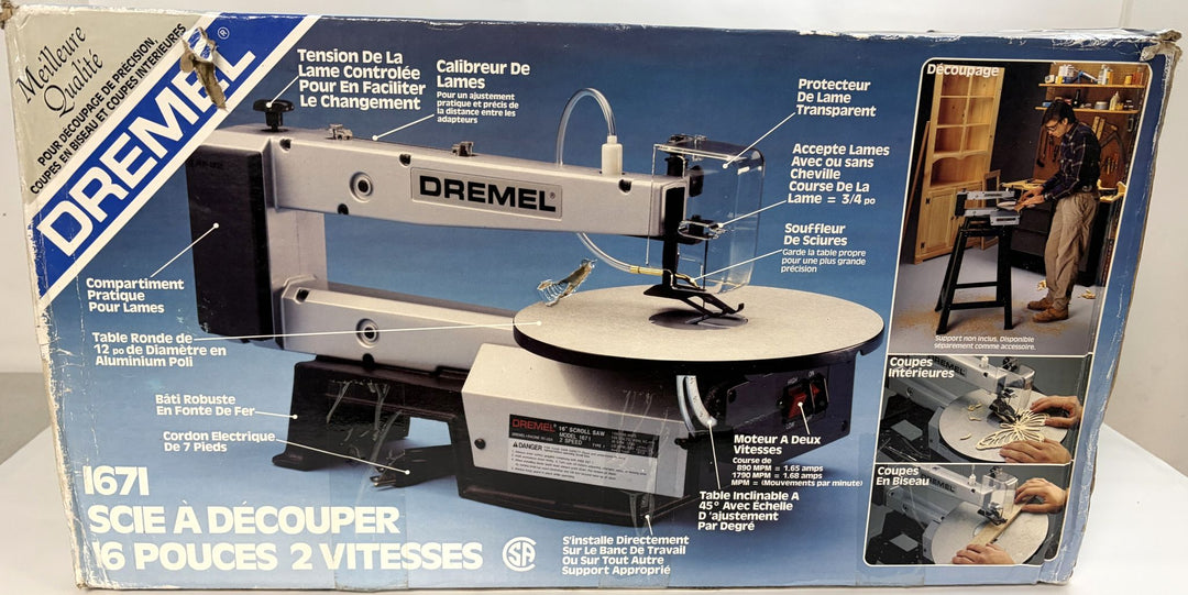Vintage Dremel scroll saw in original packaging, showing a blue and white design with tool features and instructional images on the box.