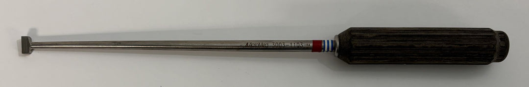 AcroMed bone graft impactor with a long stainless steel shaft and textured black ergonomic handle, designed for precise spinal surgical procedures.