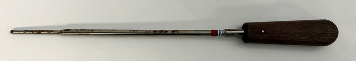 Set of three stainless steel spinal pedicle probe instruments with wooden handles, designed for precise surgical use, from Depuy AcroMed medical tools collection.