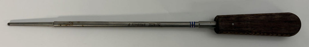 Set of three surgical spinal pedicle probe instruments with wooden handles and metal shafts, designed for precise orthopedic procedures, by Depuy AcroMed.