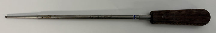 Set of three surgical spinal pedicle probe instruments with wooden handles and metal shafts, designed for precise orthopedic procedures, by Depuy AcroMed.