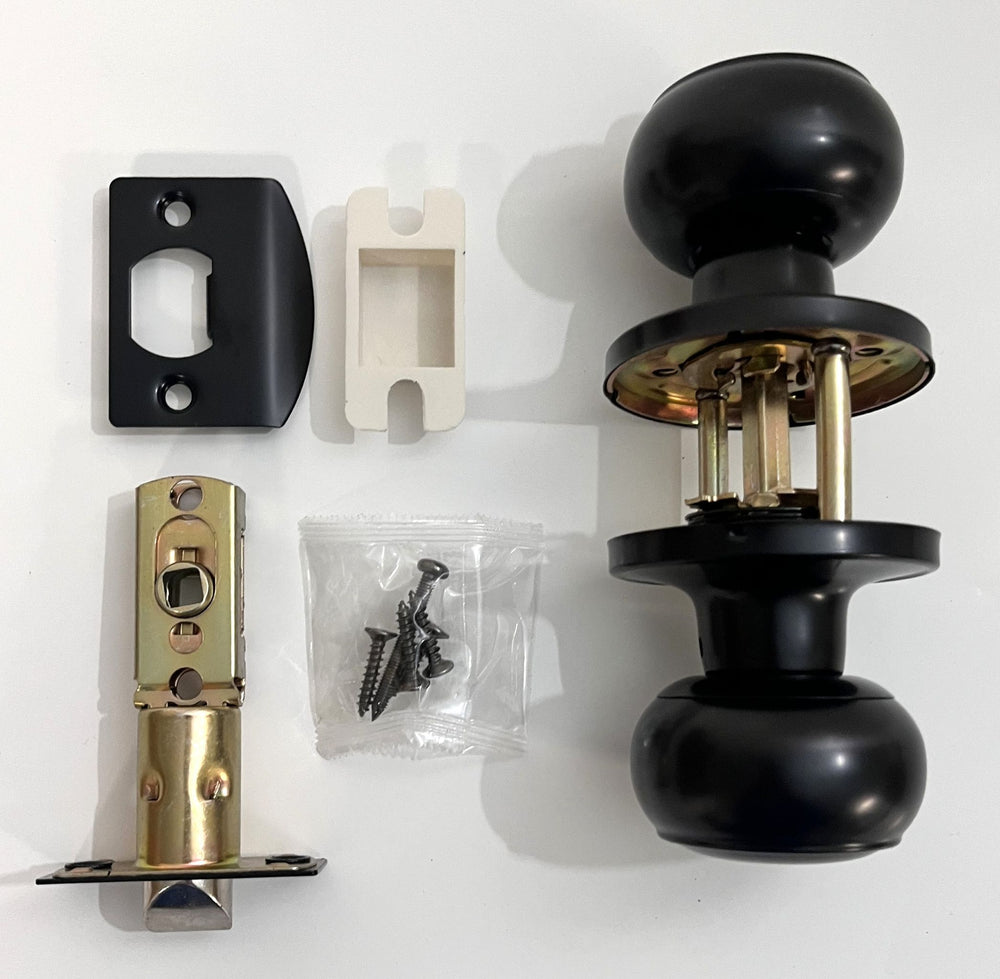 Probrico black flat ball privacy door knob with keyless interior lock, modern design, and easy installation.