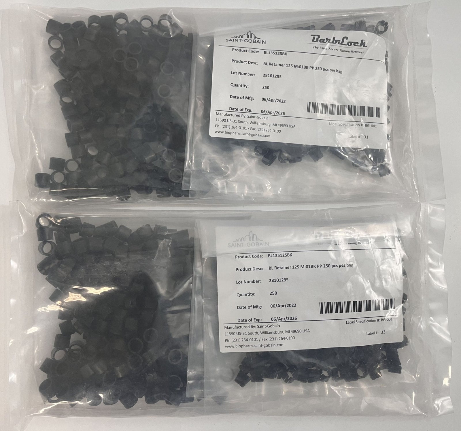 Saint-Gobain BL135250BK Tubing Retainer Barblock, 1/4" x 3/8" 500 Pieces (2 x 250/Bag)