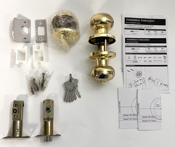 Probrico polished brass round ball entry door knob & deadbolt set, keyed alike for security and convenience.