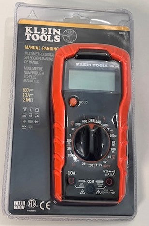 Klein Tools MM300 Manual Ranging Digital Multimeter for AC/DC voltage, current, and resistance testing.