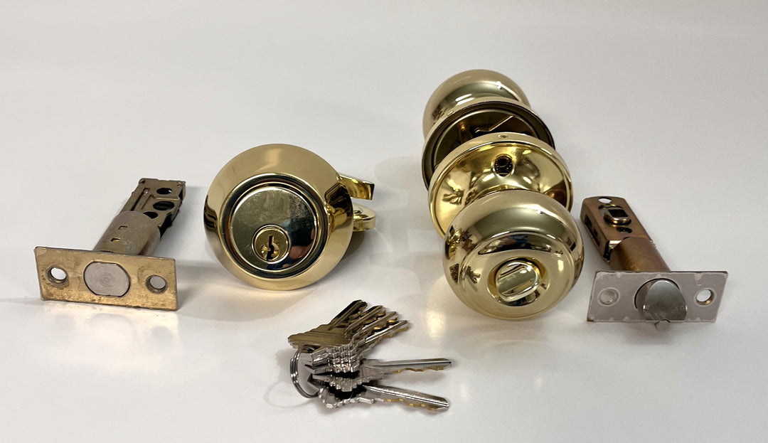 Probrico polished brass round ball entry door knob & deadbolt set, keyed alike for security and convenience.