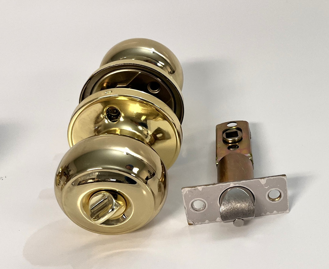 Probrico polished brass round ball entry door knob & deadbolt set, keyed alike for security and convenience.