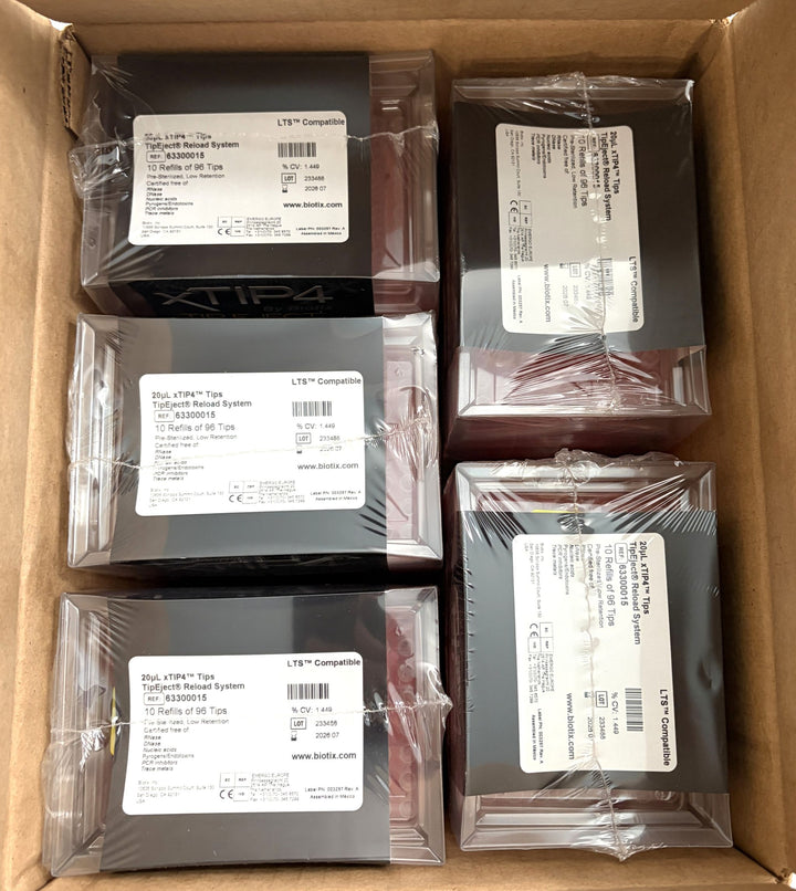 Box containing multiple shrink-wrapped black and red Biotix pipette tip reload system refills for laboratory use with white product labels visible on top of each package.