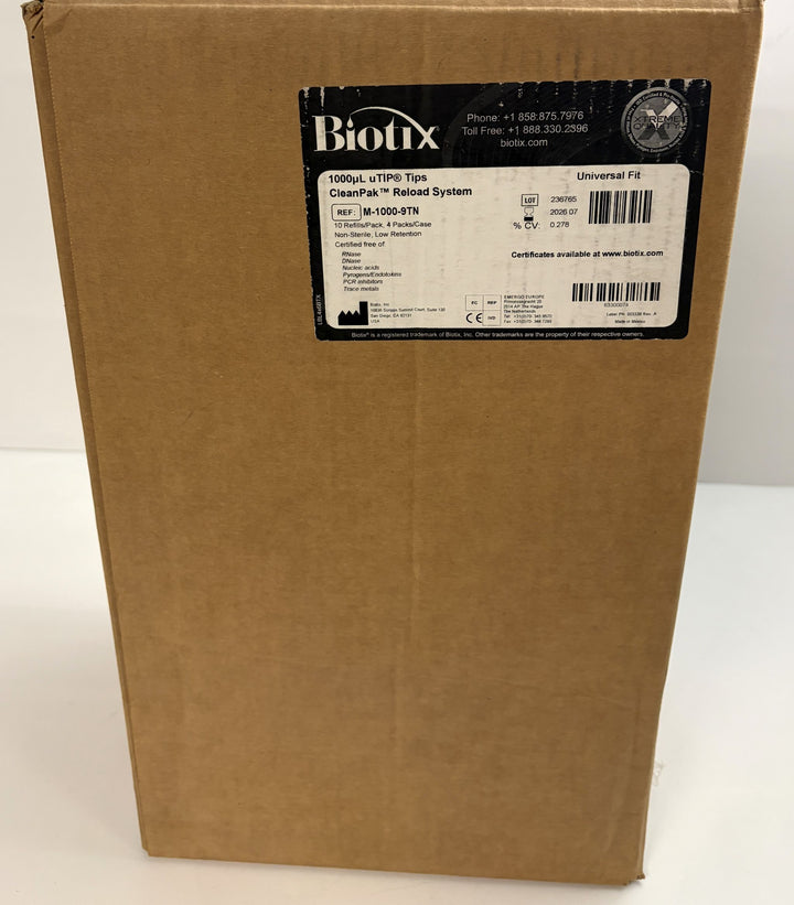 Plain brown cardboard shipping box with a Biotix label identifying it as containing 1000uL CleanPak pipette tips for laboratory use.