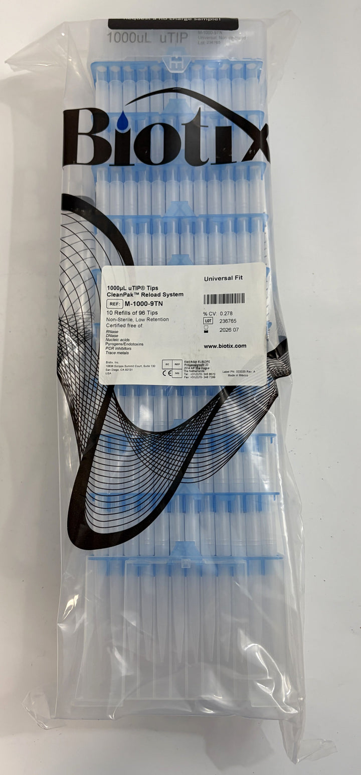 Clear plastic packaging containing multiple rows of blue Biotix pipette tips arranged in a clean, organized reload case for laboratory use.