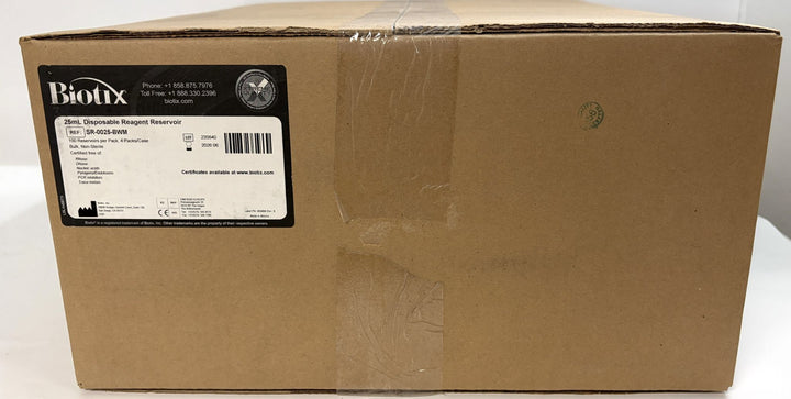 Plain brown cardboard shipping box with a Biotix label detailing product information for disposable reagent reservoirs, sealed with clear packing tape.