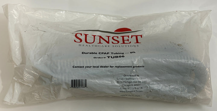 Factory-sealed 6-foot standard CPAP hose by Sunset Healthcare Solutions, packaged in clear plastic for medical and therapeutic device use.