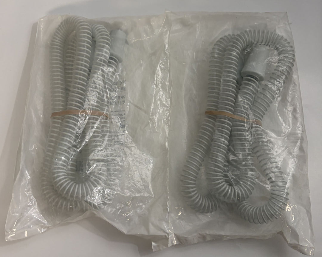 Pair of coiled gray Respironics CPAP tubing pieces in sealed clear plastic packaging, designed for medical respiratory therapy use.