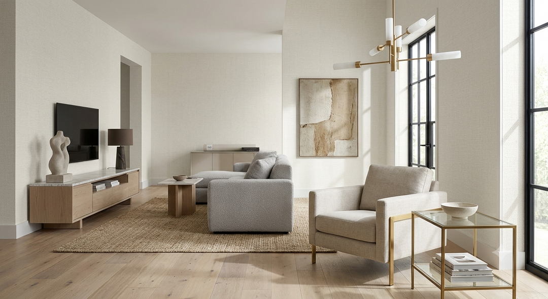 Modern living room featuring Phillip Jeffries vinyl linen white commercial wallcovering, neutral-toned furniture, natural light from large windows, and minimalist decor.