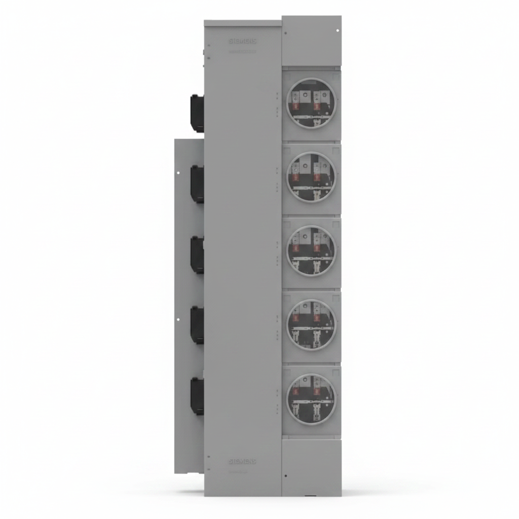 Side view of a Siemens electrical meter panel featuring five round display meters in a vertical arrangement for industrial or commercial electrical monitoring.