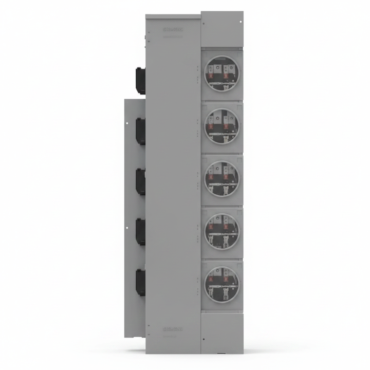 Side view of a Siemens electrical meter panel featuring five round display meters in a vertical arrangement for industrial or commercial electrical monitoring.