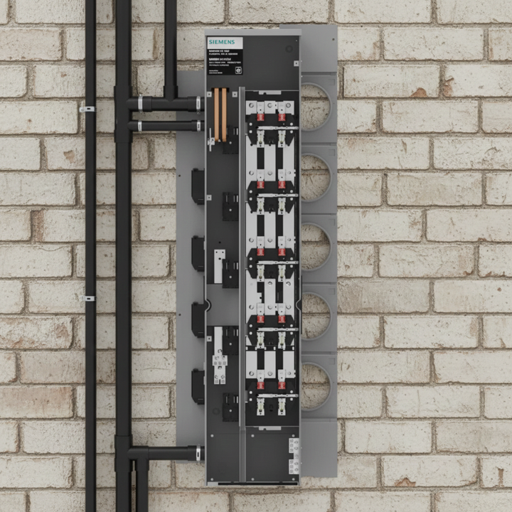 Siemens electrical panel with 125 amp capacity featuring 3-phase, 4-wire configuration and multiple jaw terminals mounted on a beige brick wall.