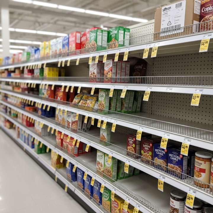 Retail store shelves fitted with clear Siffron data strip holders displaying yellow price tags beneath boxed food and pantry items in an aisle setting.