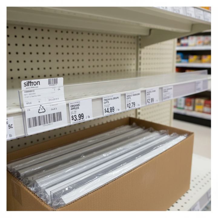 Cardboard box filled with clear plastic data strip shelf label holders displayed on a store pegboard shelf, showing Siffron branding on a price tag holder.