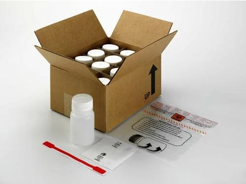 Pack of 12 urine specimen bottles, 75ml capacity each, with secure caps and supply pack for safe collection and transport.